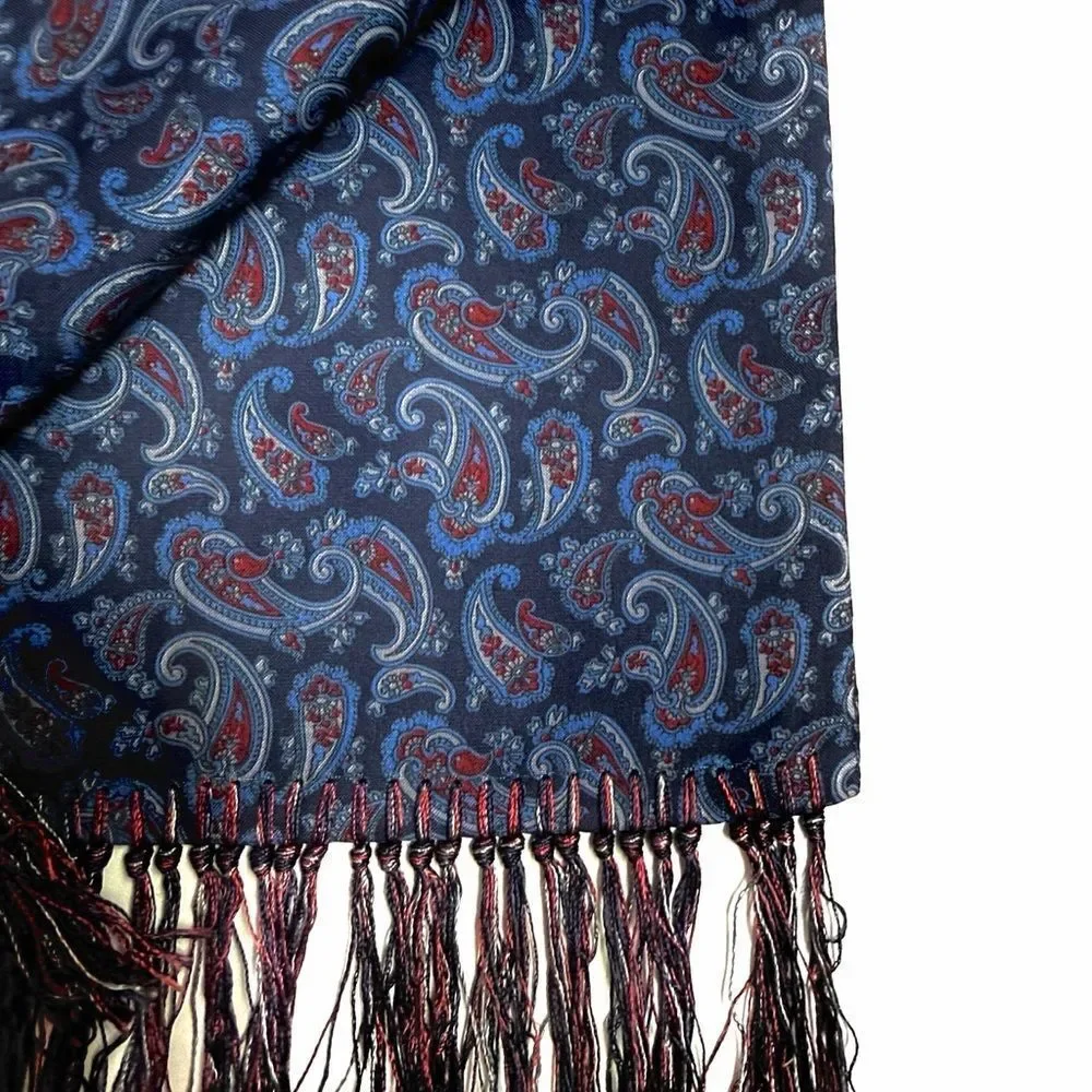 Men's Classic Doubled Dress Scarf Blue Paisley Print with Fringes